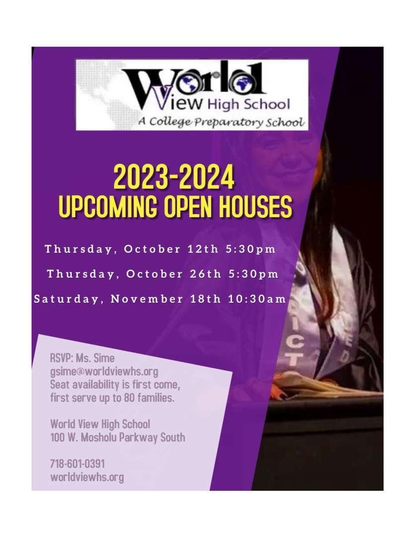 World View High School 2023-2024 open house dates flyer
