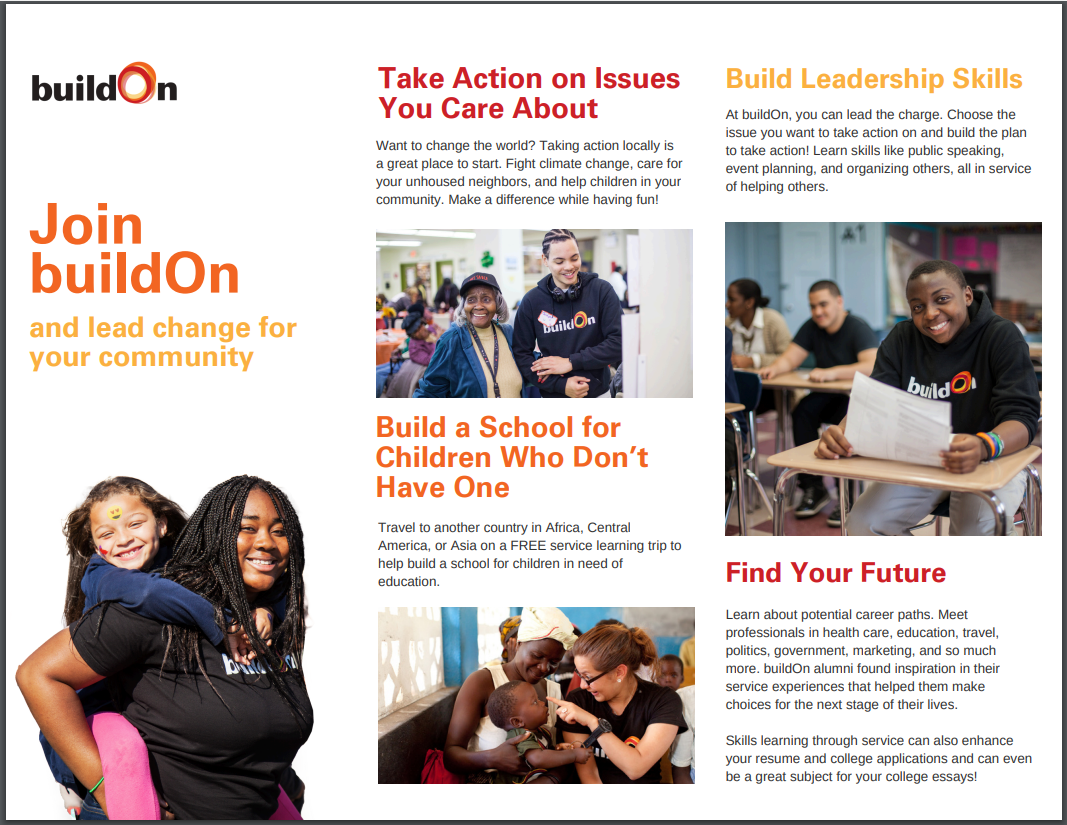 buildOn program recruitment flyer showing students volunteering and serving communities