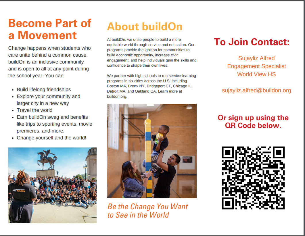 buildOn recruitment flyer with program details and QR code signup