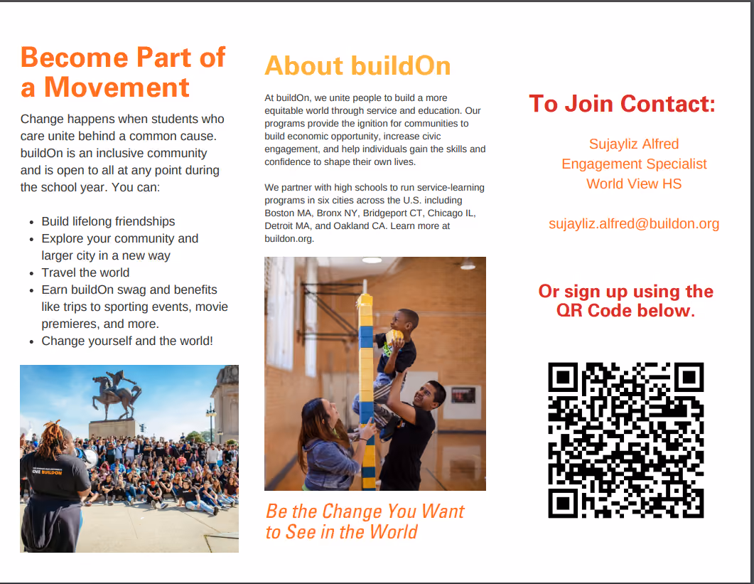 buildOn recruitment flyer with program details and QR code signup