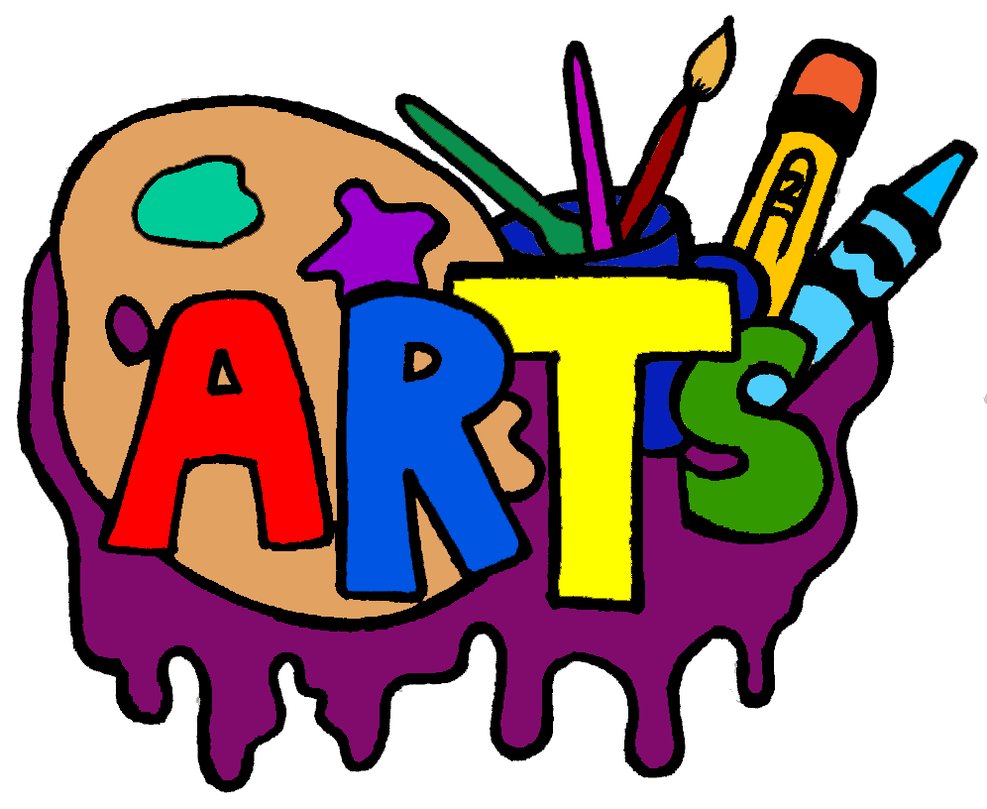 Colorful arts program clipart with paintbrushes palette and crayons