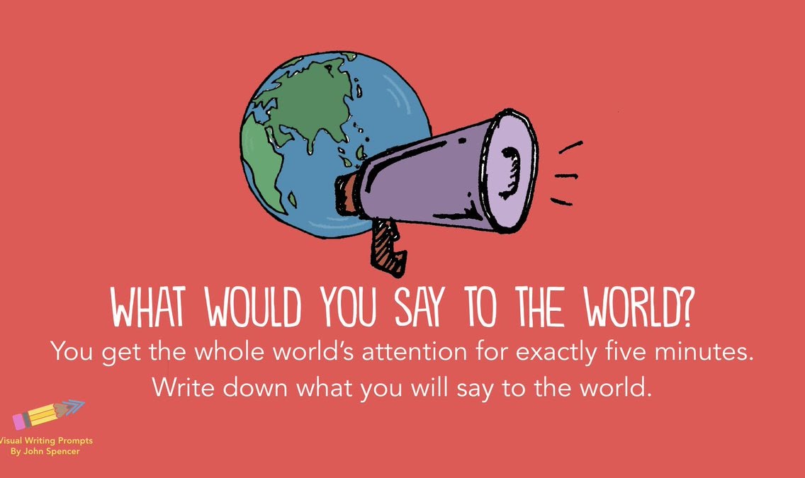 Writing prompt showing globe and megaphone asking what you would say to the world