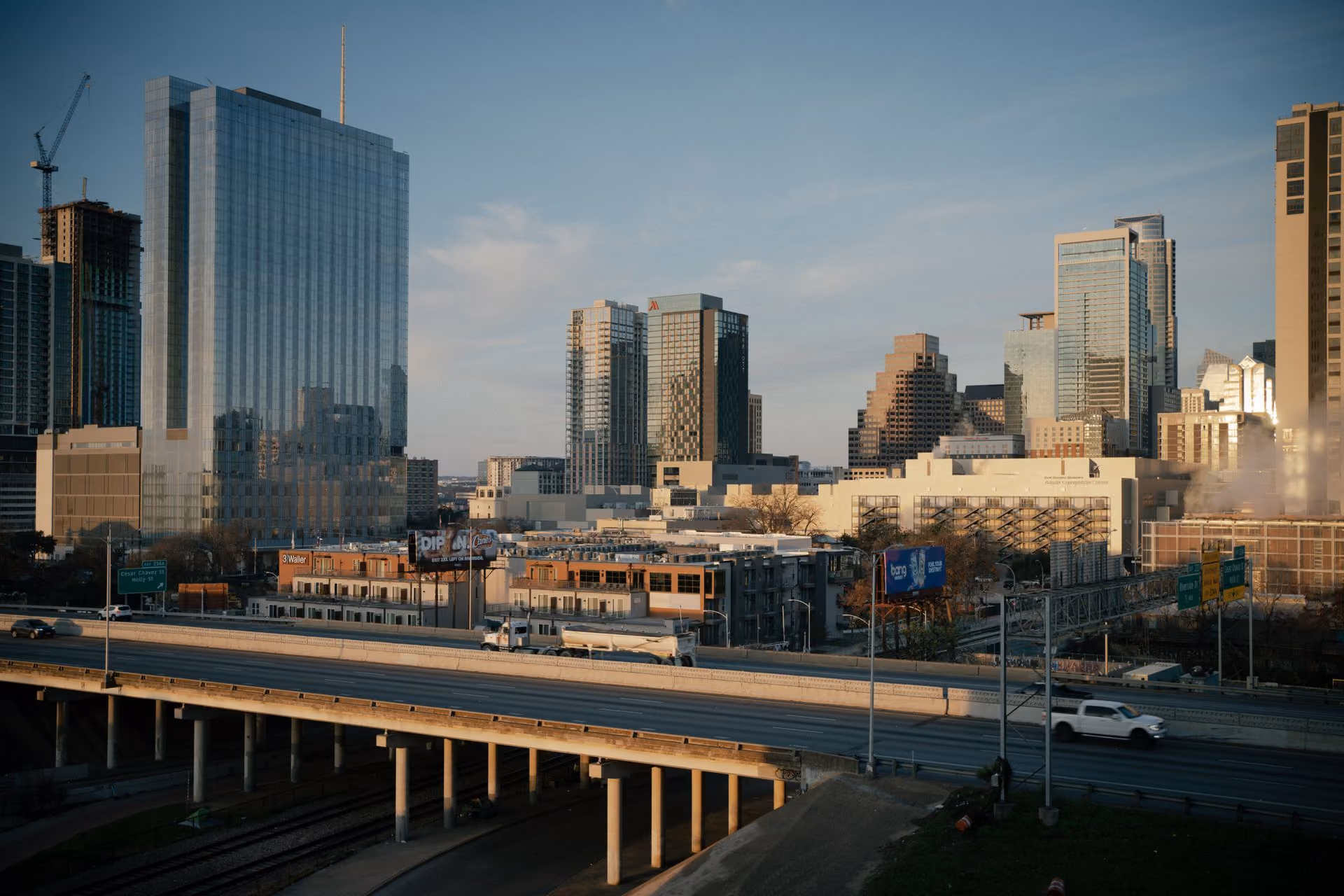 Downtown Austin skyline viewed across Interstate 35.