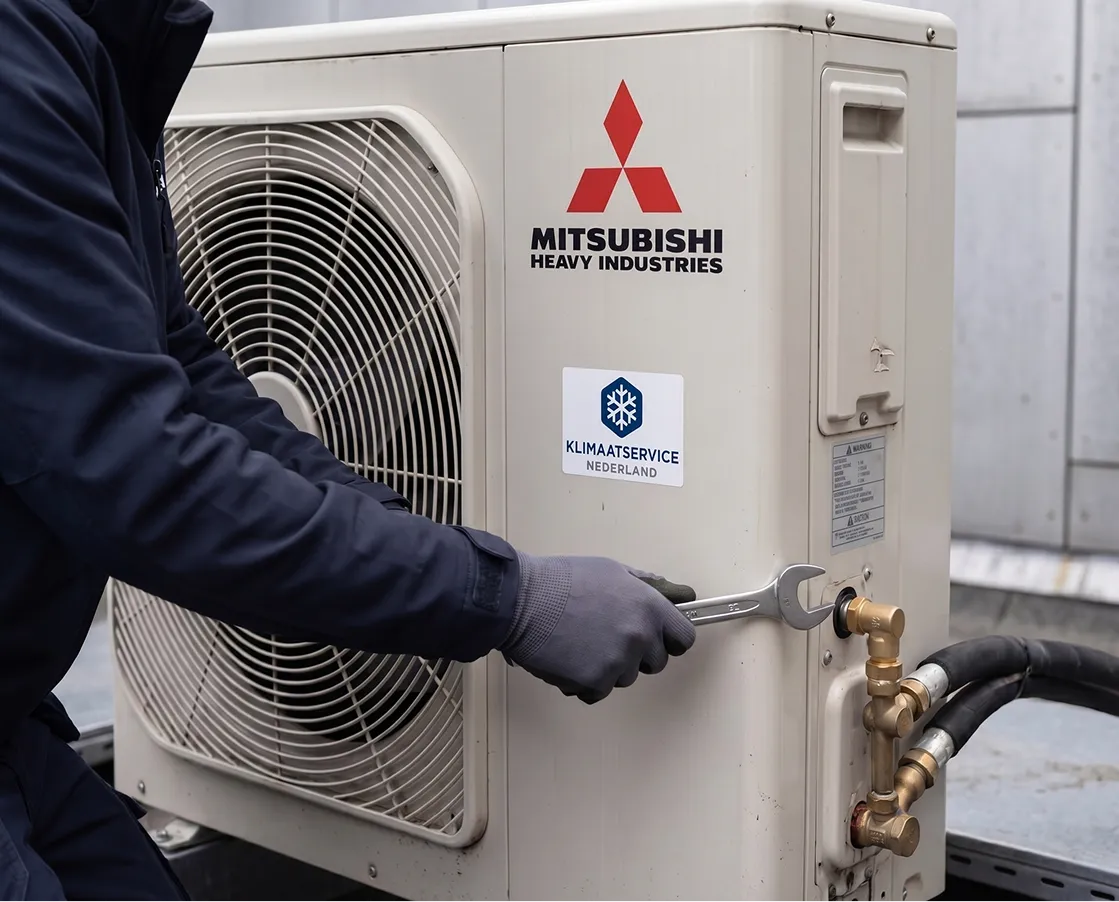 Monteur werkt aan een buitenunit van een warmtepomp
