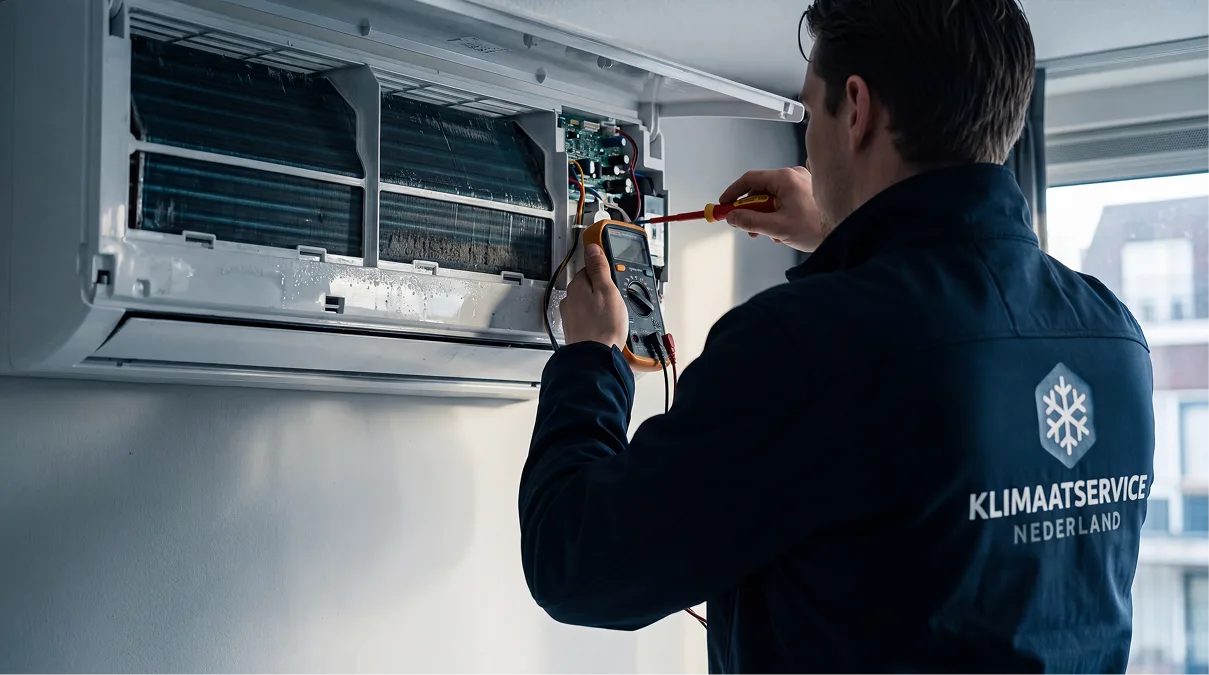 Monteur verhelpt een storing aan een airco binnenunit