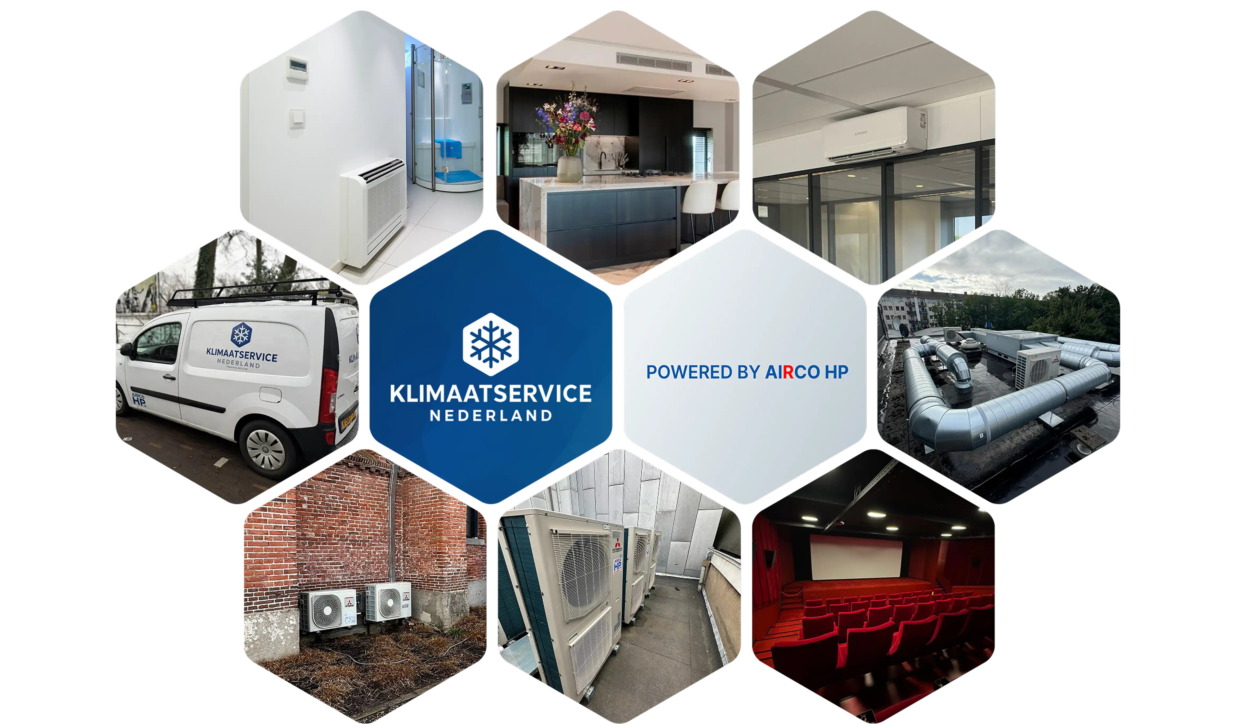 Collage van Klimaatservice Nederland met airco’s, warmtepompen, ventilatieprojecten en servicebus