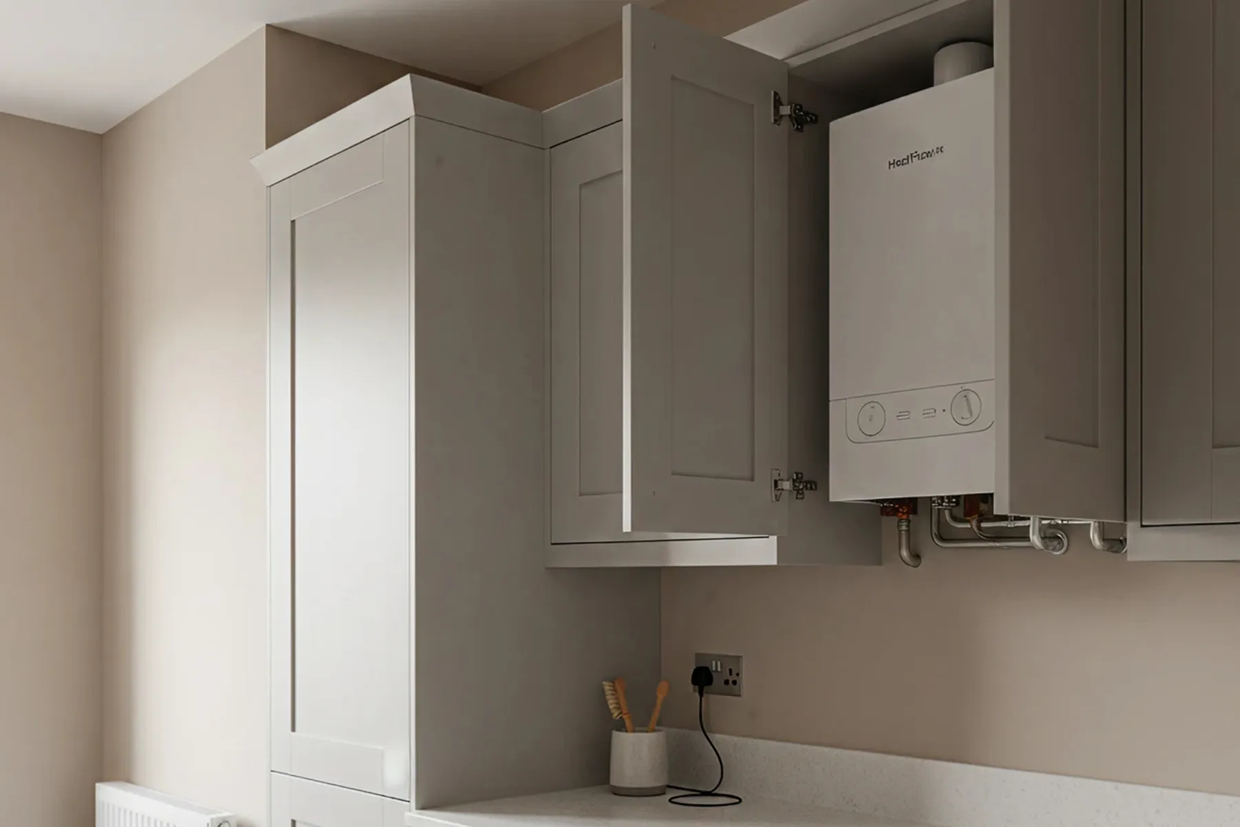 White boiler installed inside a beige kitchen cabinet above a countertop with toothbrushes.