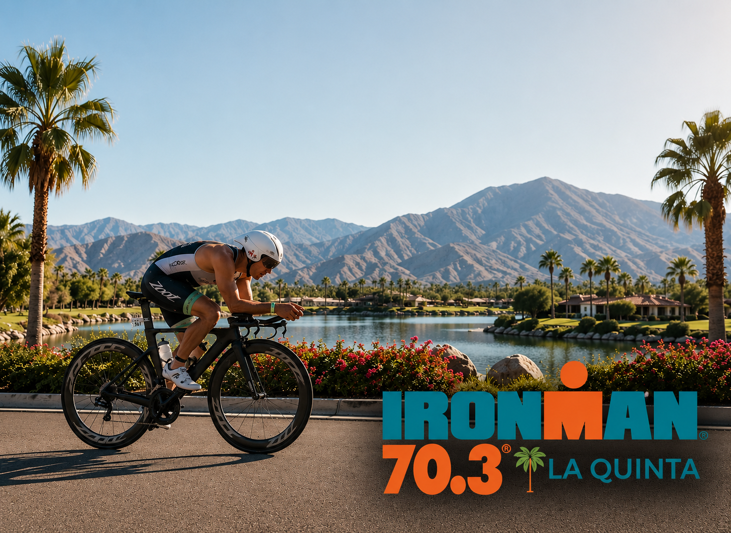 Cyclist racing during IRONMAN 70.3 La Quinta in the California desert