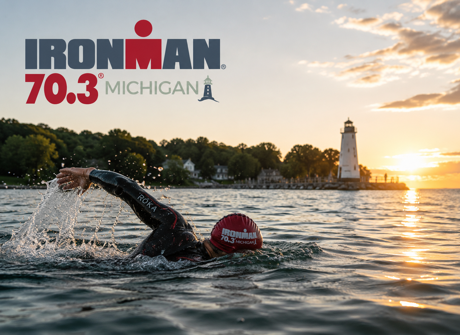 Triathletes swimming during IRONMAN 70.3 Michigan on Lake Michigan at sunrise