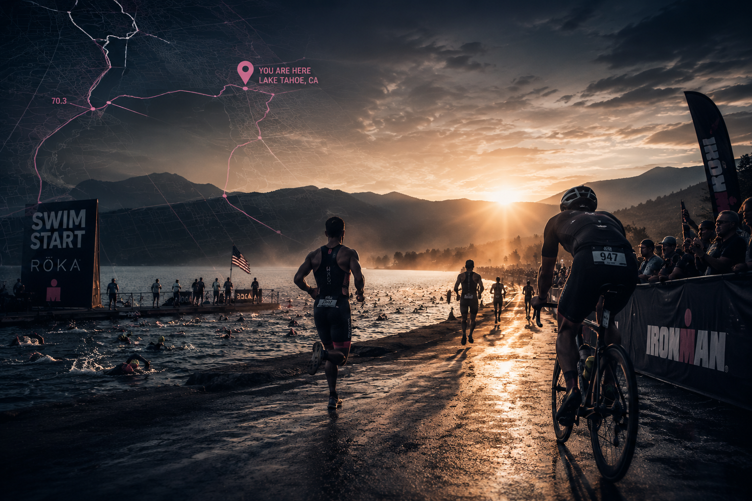 Triathletes competing during a U.S. endurance race at sunrise