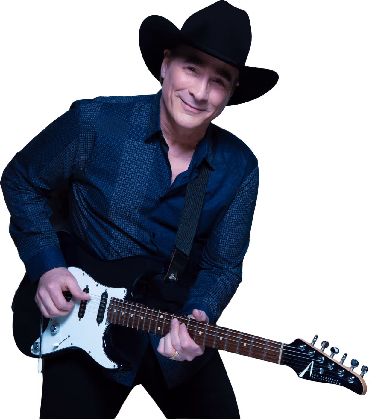 Clint Black wearing a black cowboy hat playing an electric Telecaster guitar.