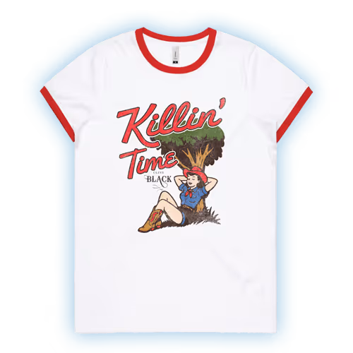 White ringer t-shirt with red trim featuring the 'Killin' Time' pin-up girl graphic.