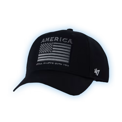 Black baseball cap with an American flag patch on the front.