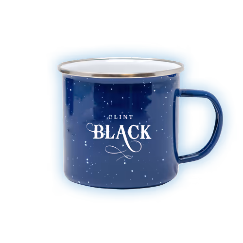 Blue enamel camp mug featuring the Clint Black logo.