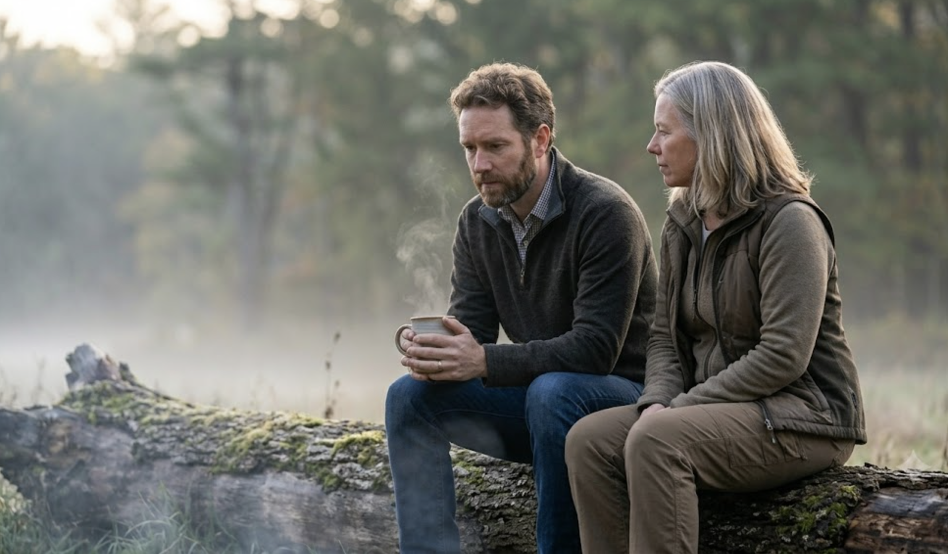 A coach and client sitting together on a fallen log in morning mist, the client holding a warm mug.