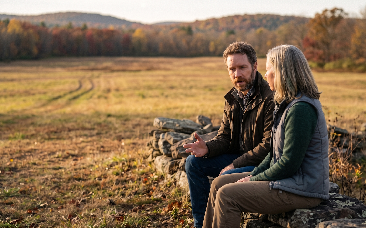 A coach and client sitting on a stone wall at the edge of an autumn field, the man speaking with an open gesture.