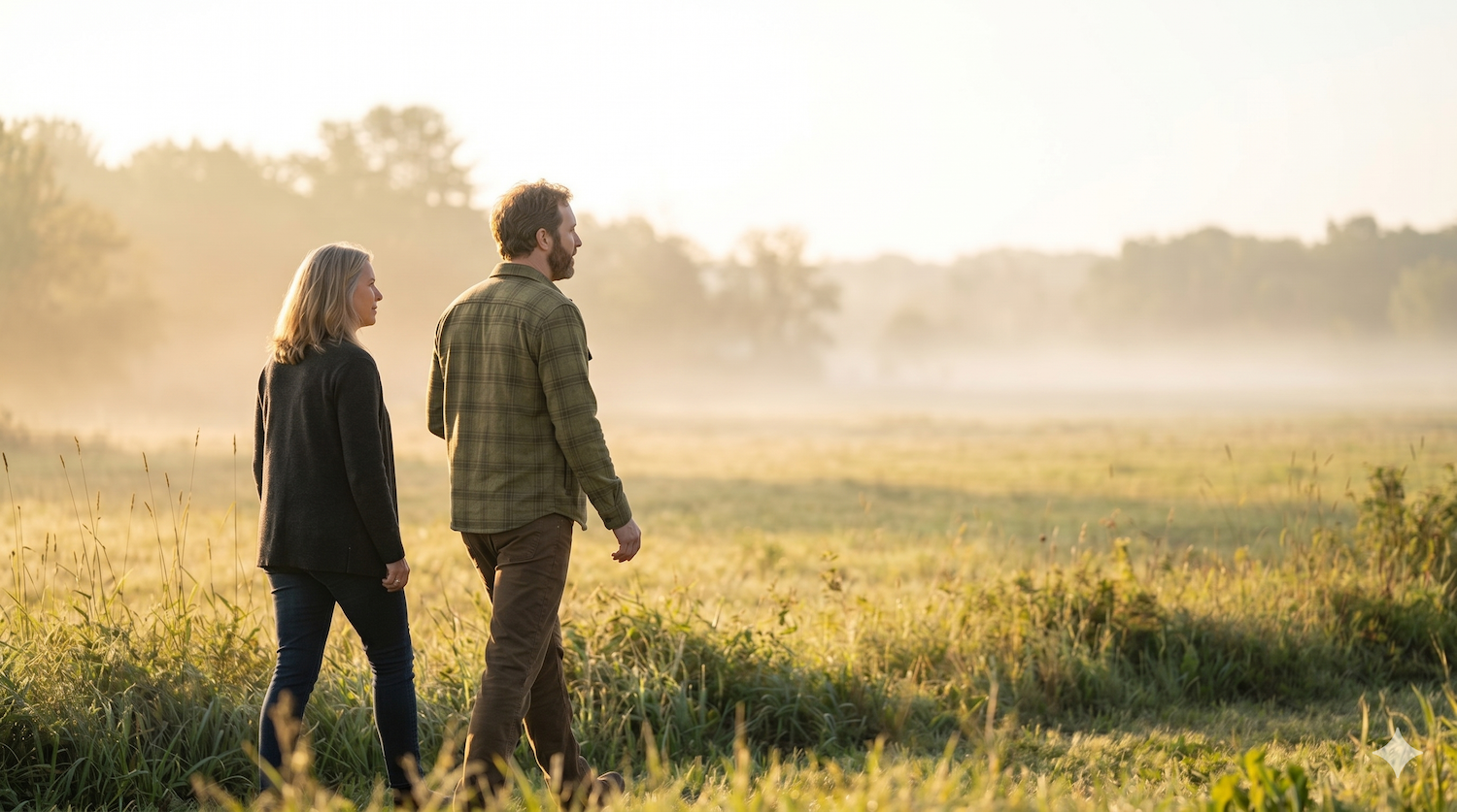 Two people walking together through a misty field at golden hour.