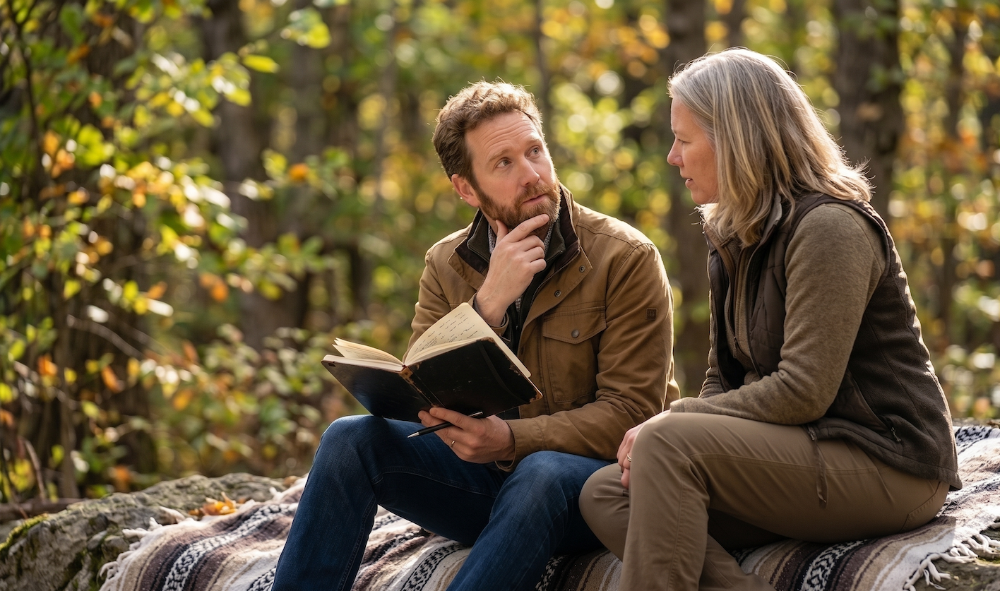 A coach and client sitting on rocks in an autumn forest, the client holding an open journal.