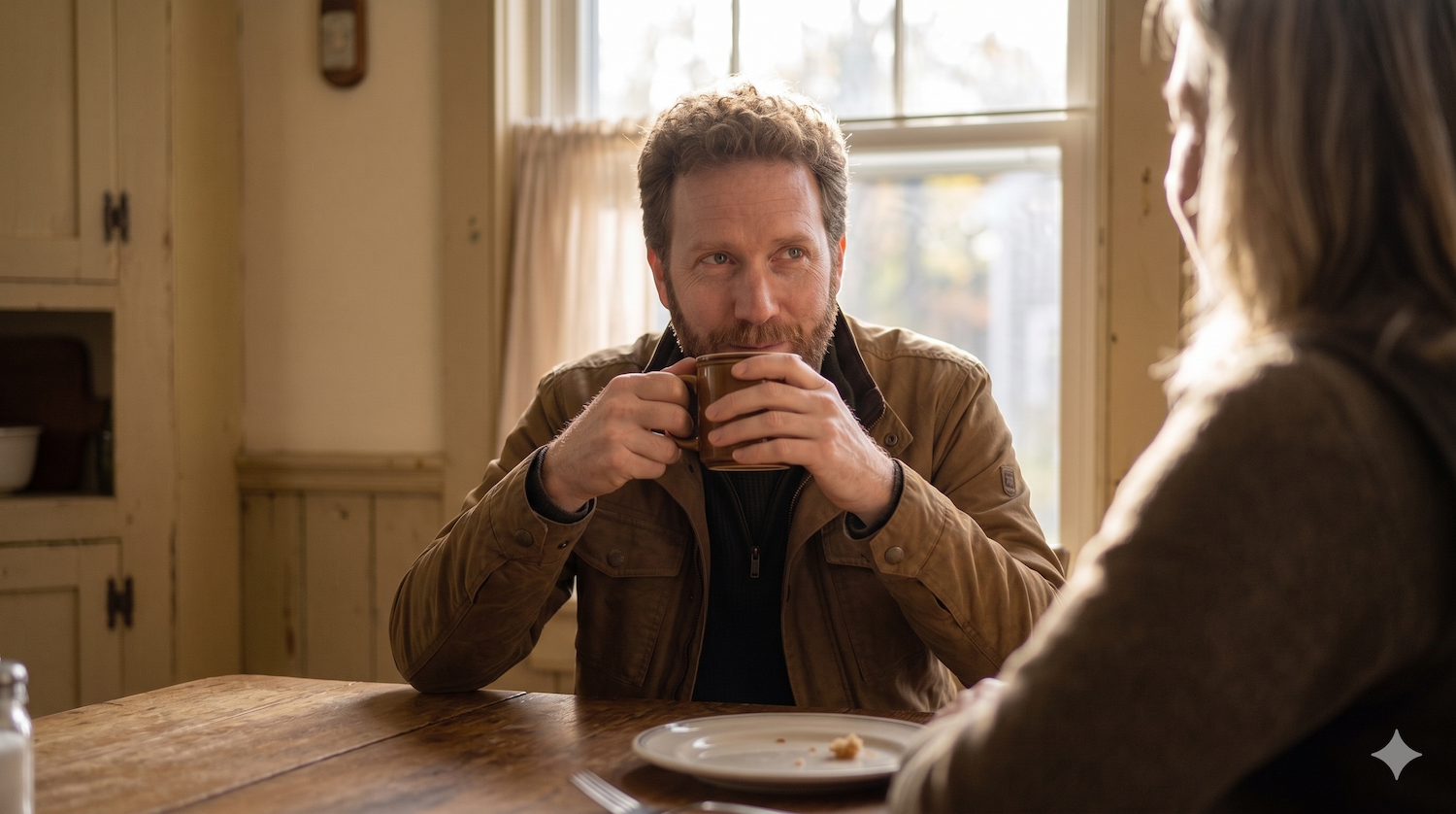 A man at a kitchen table in morning light, listening intently to someone across from him.