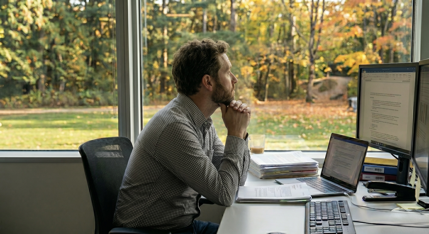 A man pauses at his desk to look out the window at autumn woods, back in ordinary life after a transformative experience