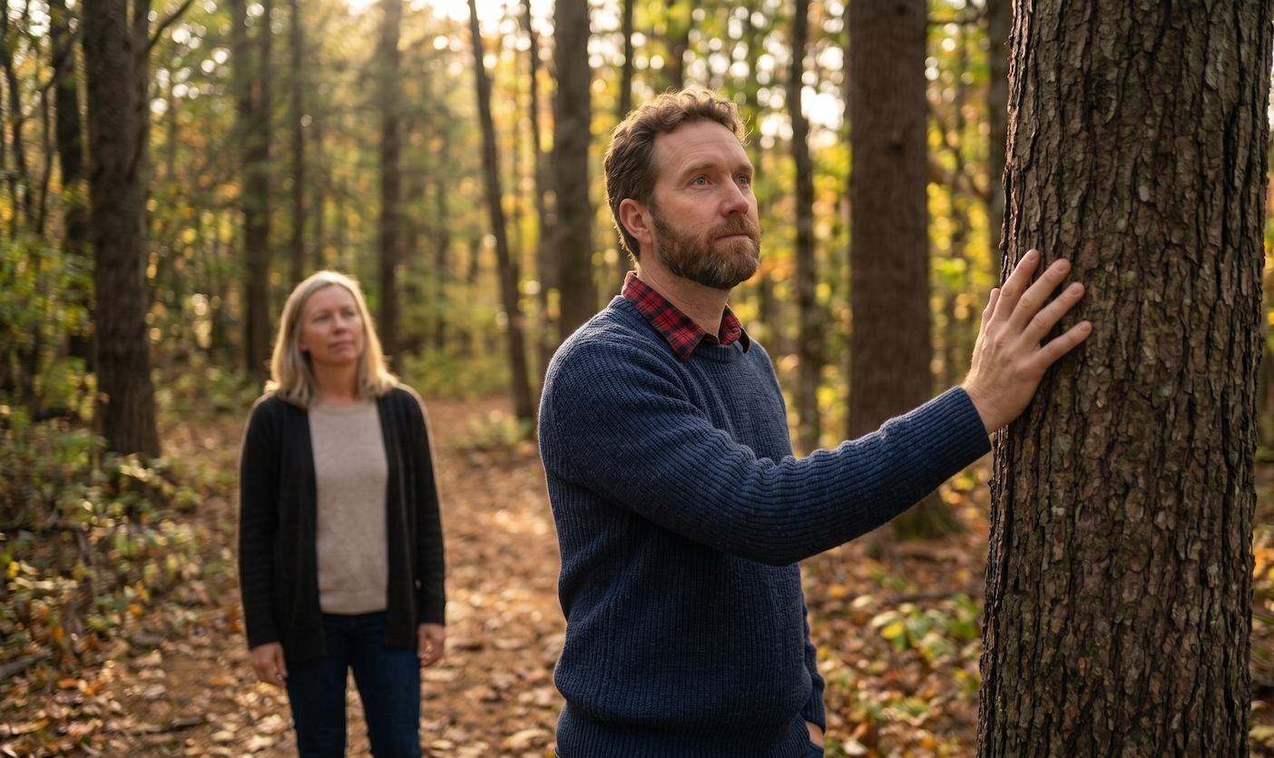 A man with one hand on a tree trunk in an autumn forest, a coach standing a few feet behind, watching.