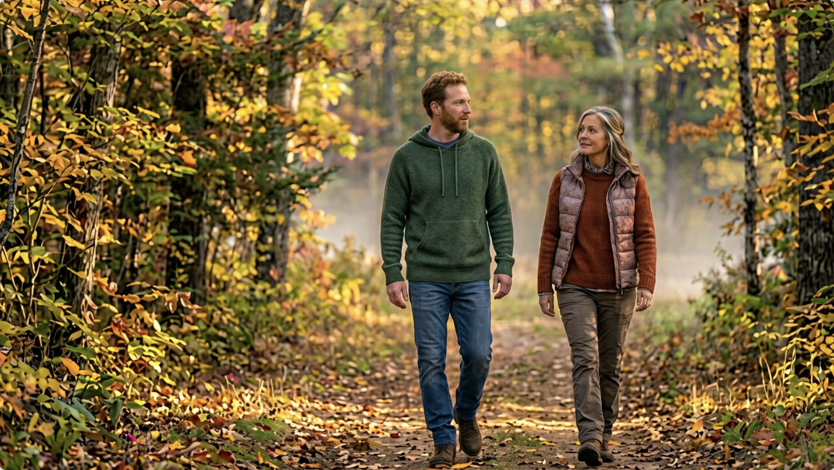 A man and a woman coach walking a forest trail together.