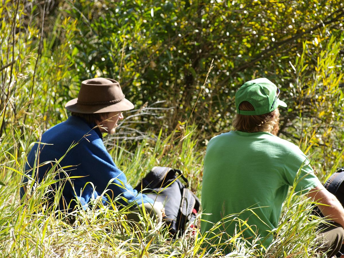 Two people sit together in tall autumn grass, one talking while the other listens.