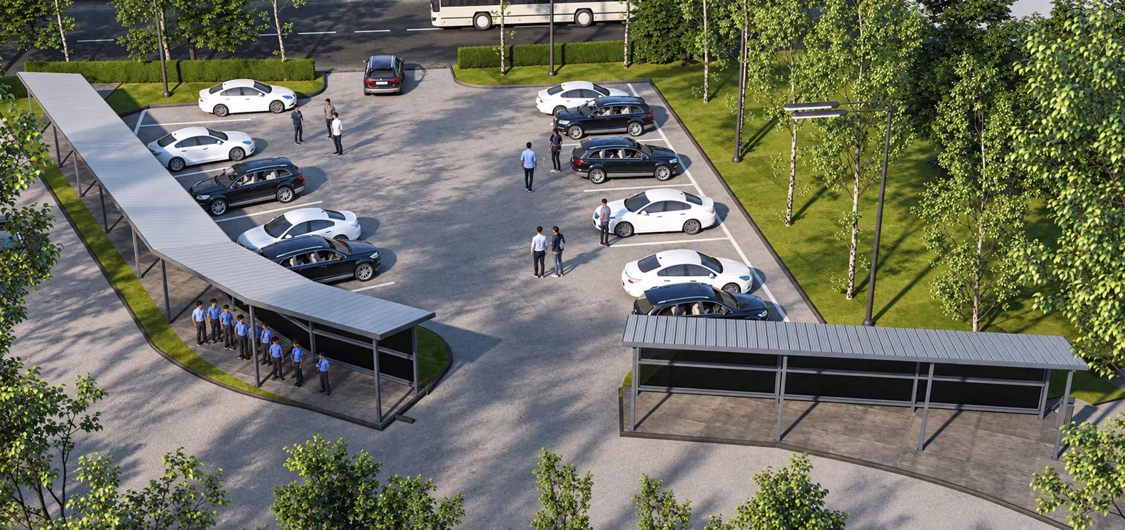 Aerial render of a freestanding covered walkway