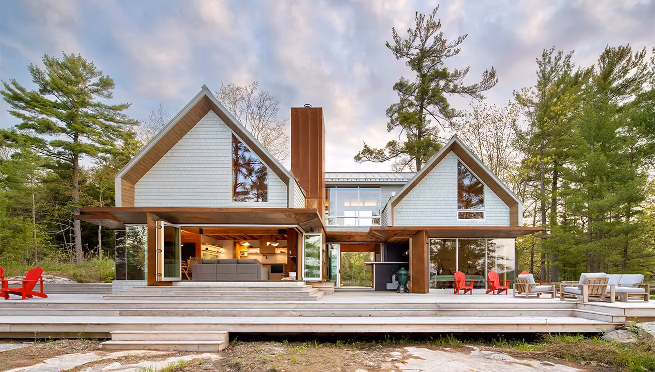 Corten and cedar cottage built by RBA Projects on Six Mile Lake, Georgian Bay