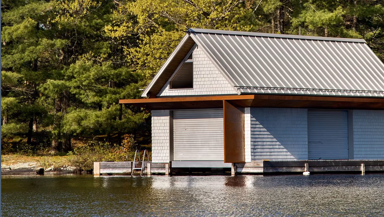 Corten and cedar cottage built by RBA Projects on Six Mile Lake, Georgian Bay, view 21