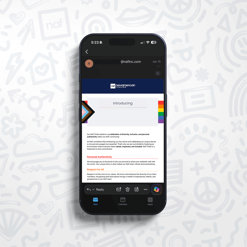 Smartphone screen showing an email about NAF Pride initiative celebrating diversity, inclusion, and authenticity.