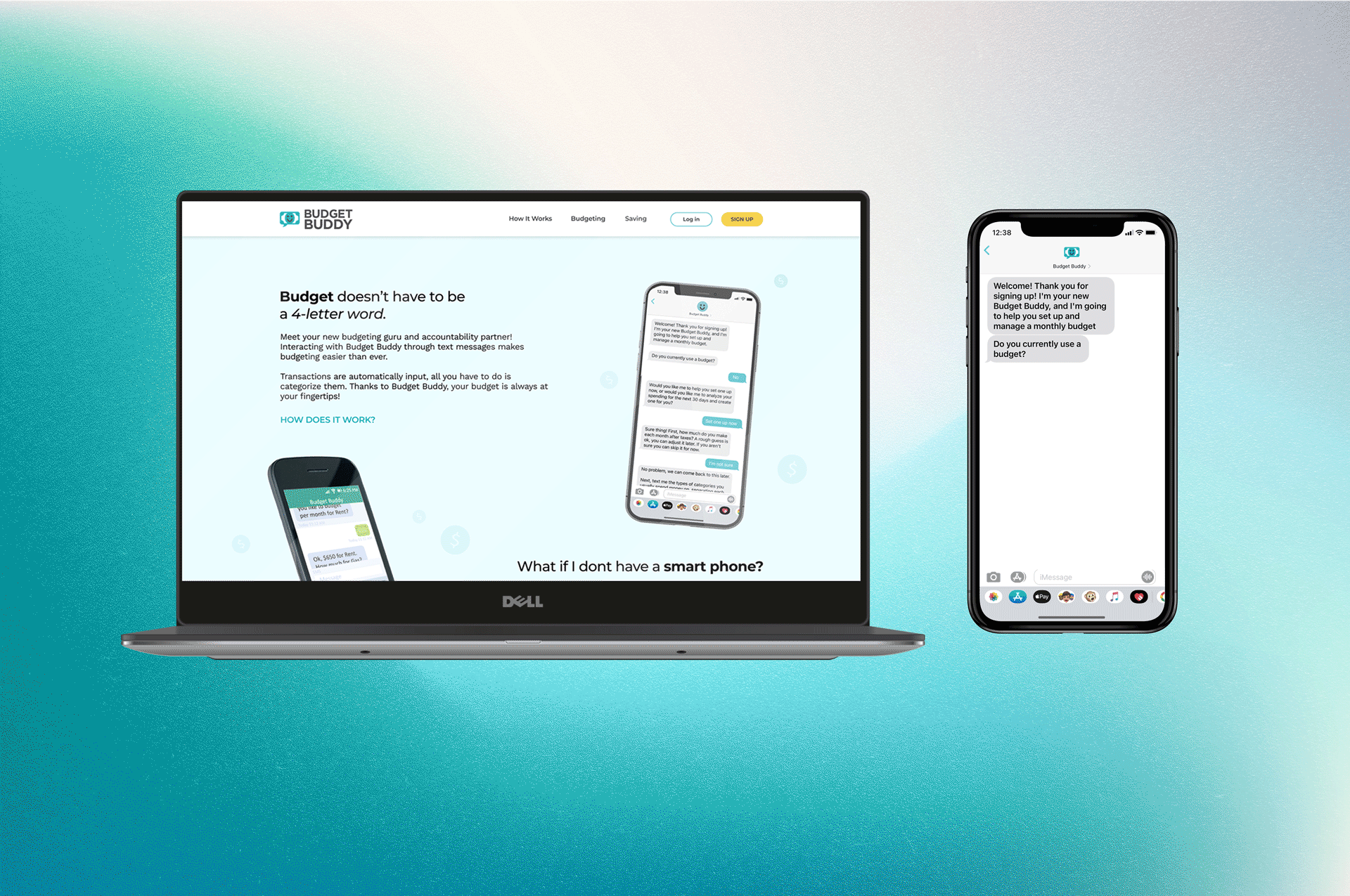 Laptop and smartphone showing Budget Buddy budgeting app with text conversation on screen