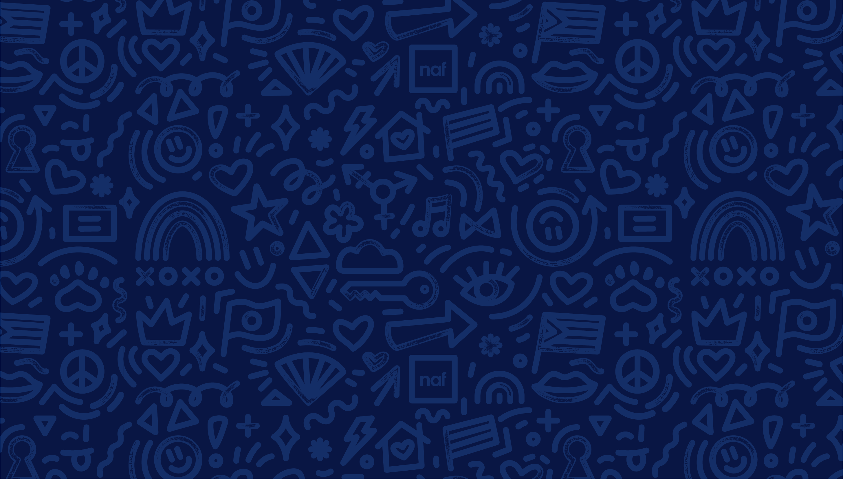 Blue background with hand-drawn symbols including rainbows, hearts, peace signs, arrows, stars, and crowns.
