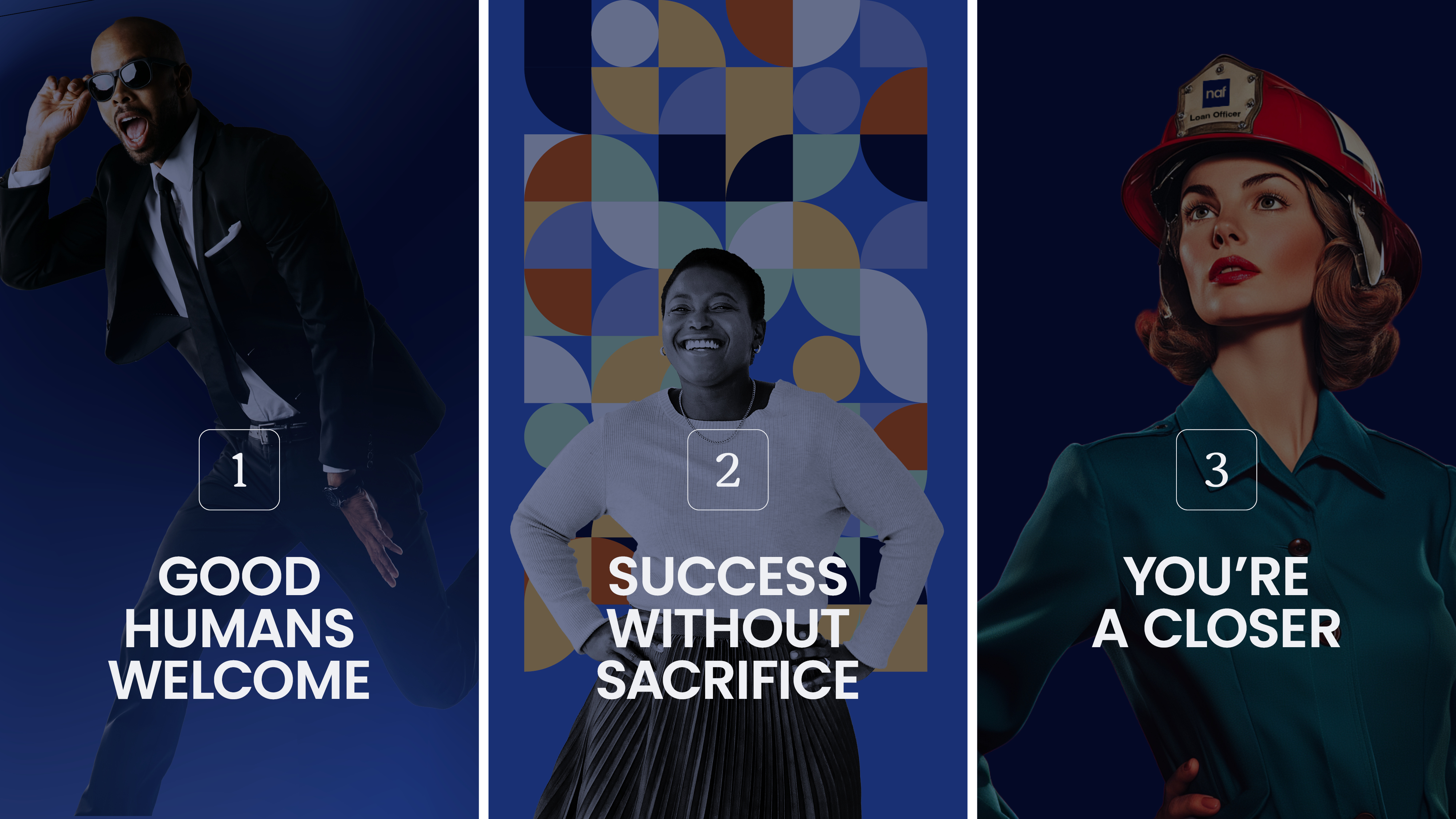 Three vertical panels with people: man in suit, smiling woman in sweater, woman in firefighter hat with text.