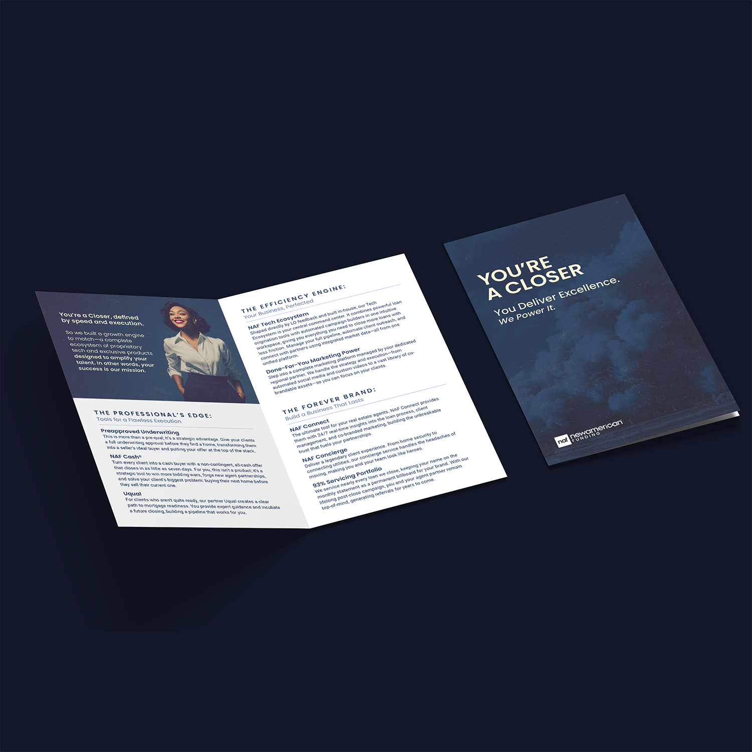 Tri-fold brochure titled You're a Closer with text and photo of a smiling woman on dark blue background.