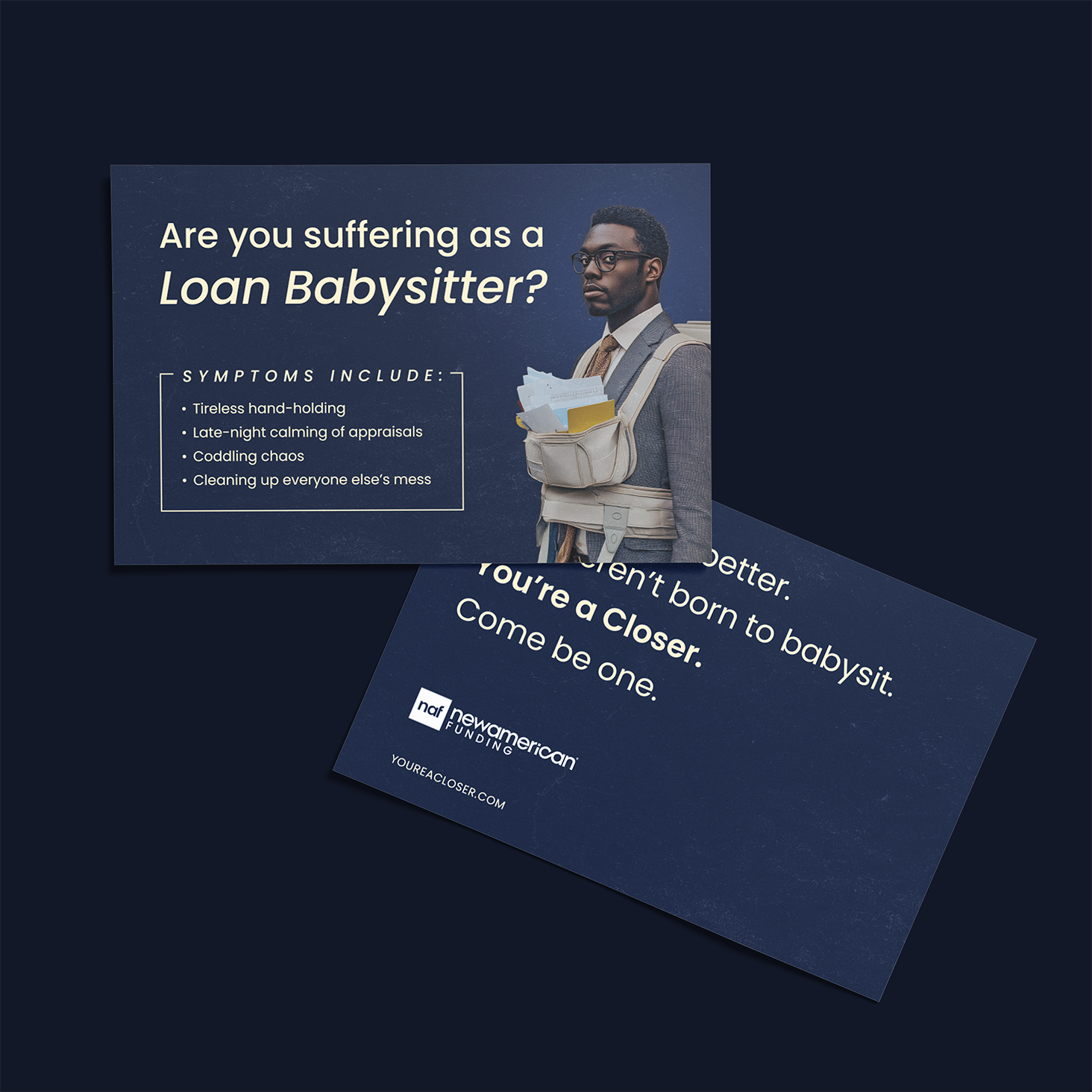 Postcard with man in suit wearing baby carrier full of files, text about loan babysitting symptoms and closing sales.