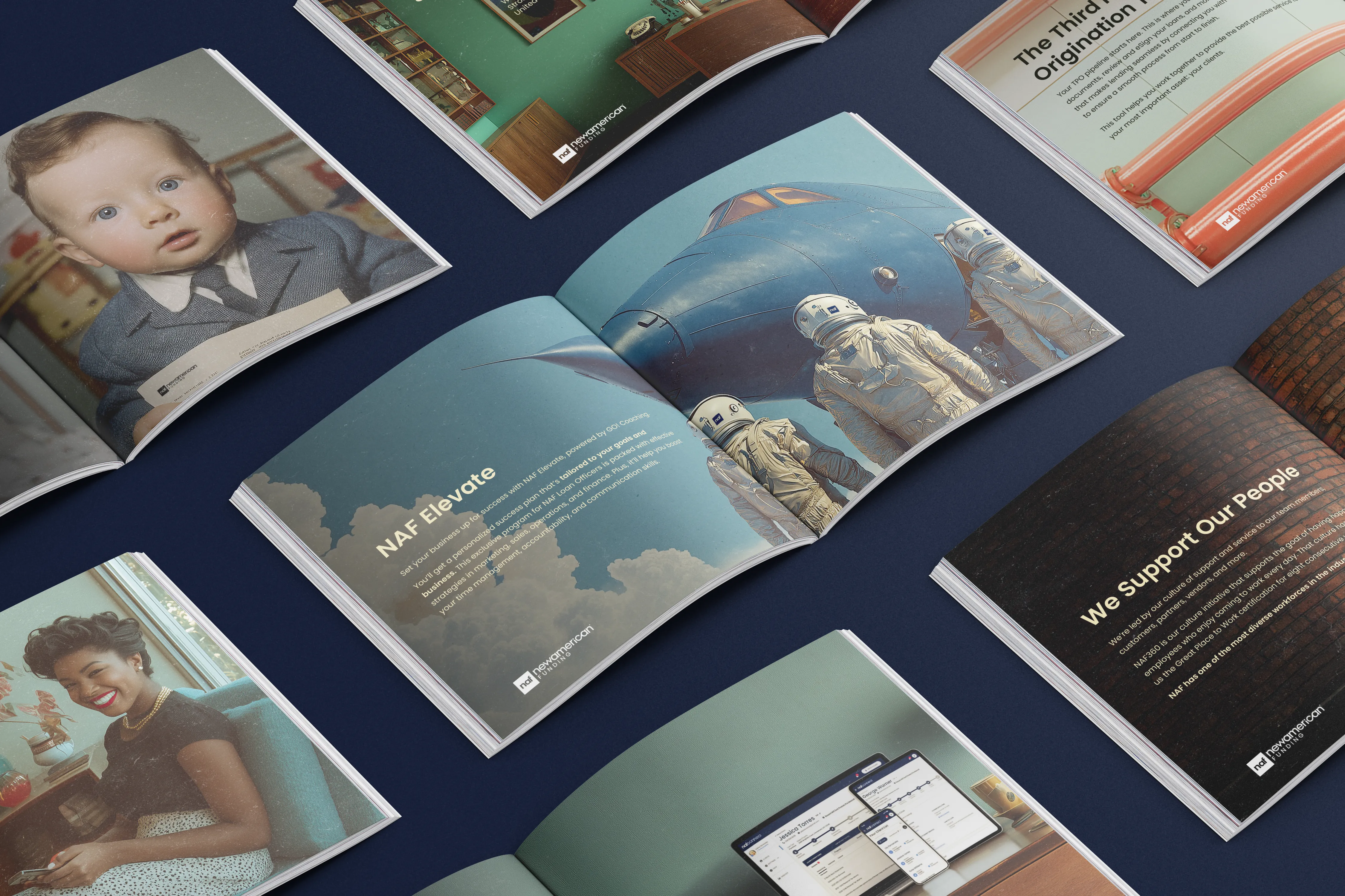 Open magazines on dark surface show vintage photos, astronauts near plane, and design layouts.