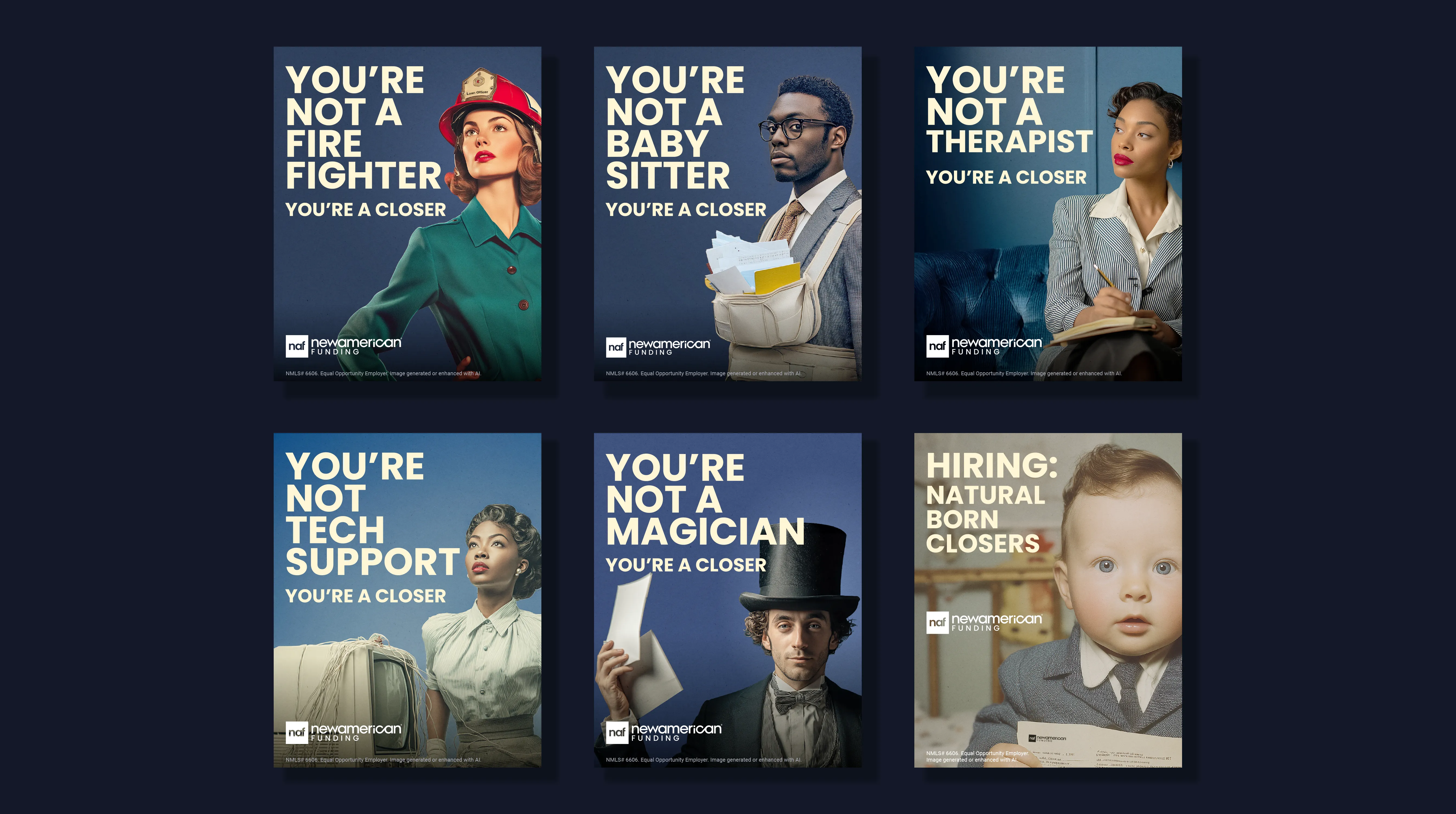 Six social media images read: You’re not a fire fighter, babysitter, therapist, tech support, or magician; you’re a closer, with people shown.