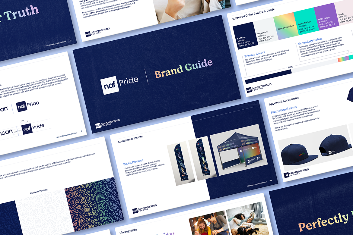 Multiple pages from NAF Pride Brand Guide showing logo, color palette, booth displays, and apparel items.