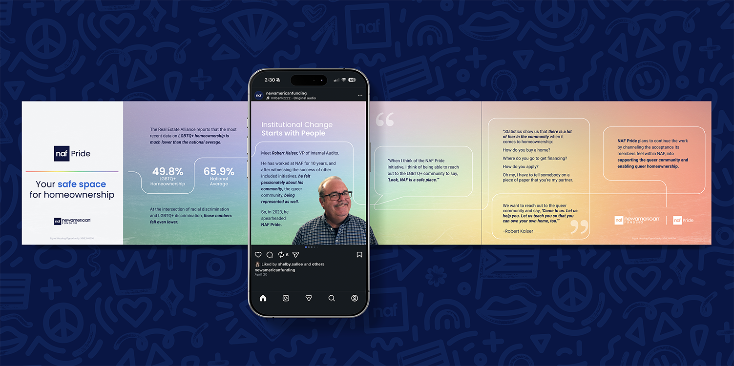 NAF Pride ad on safe space for LGBTQ+ homeownership with stats, quotes, and an executive's photo on a phone screen.