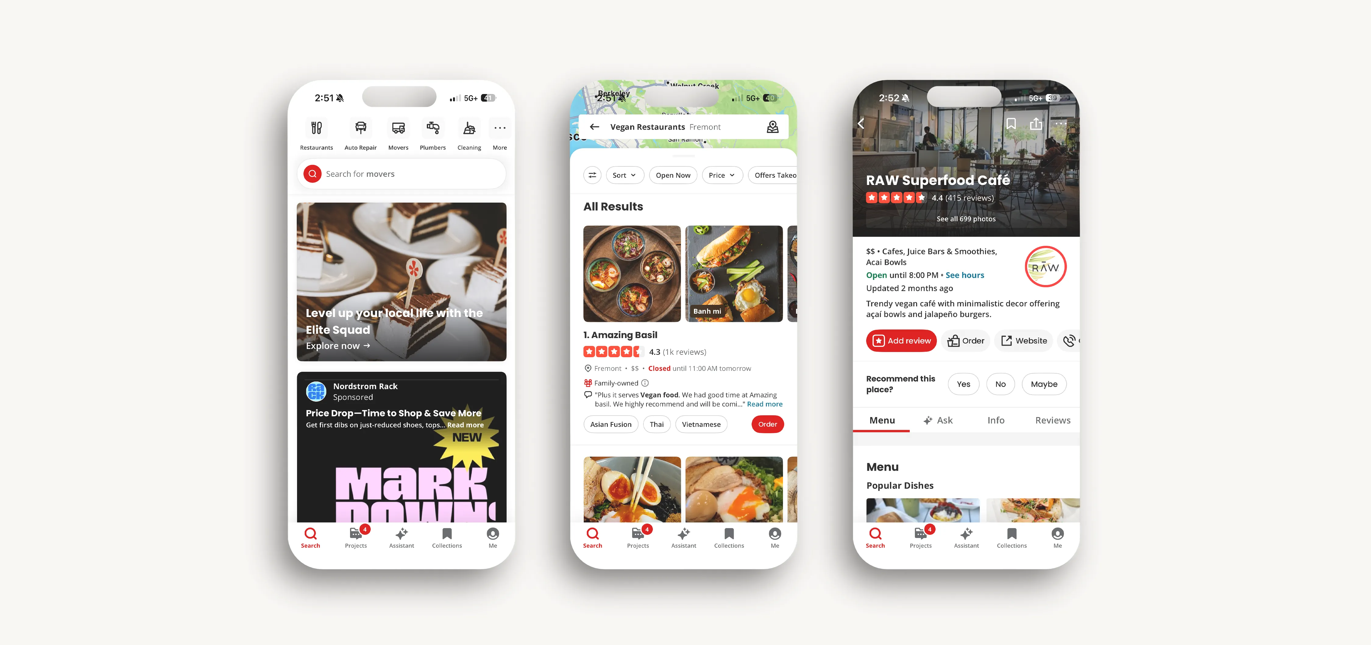 A set of 3 screenshots of the Yelp app