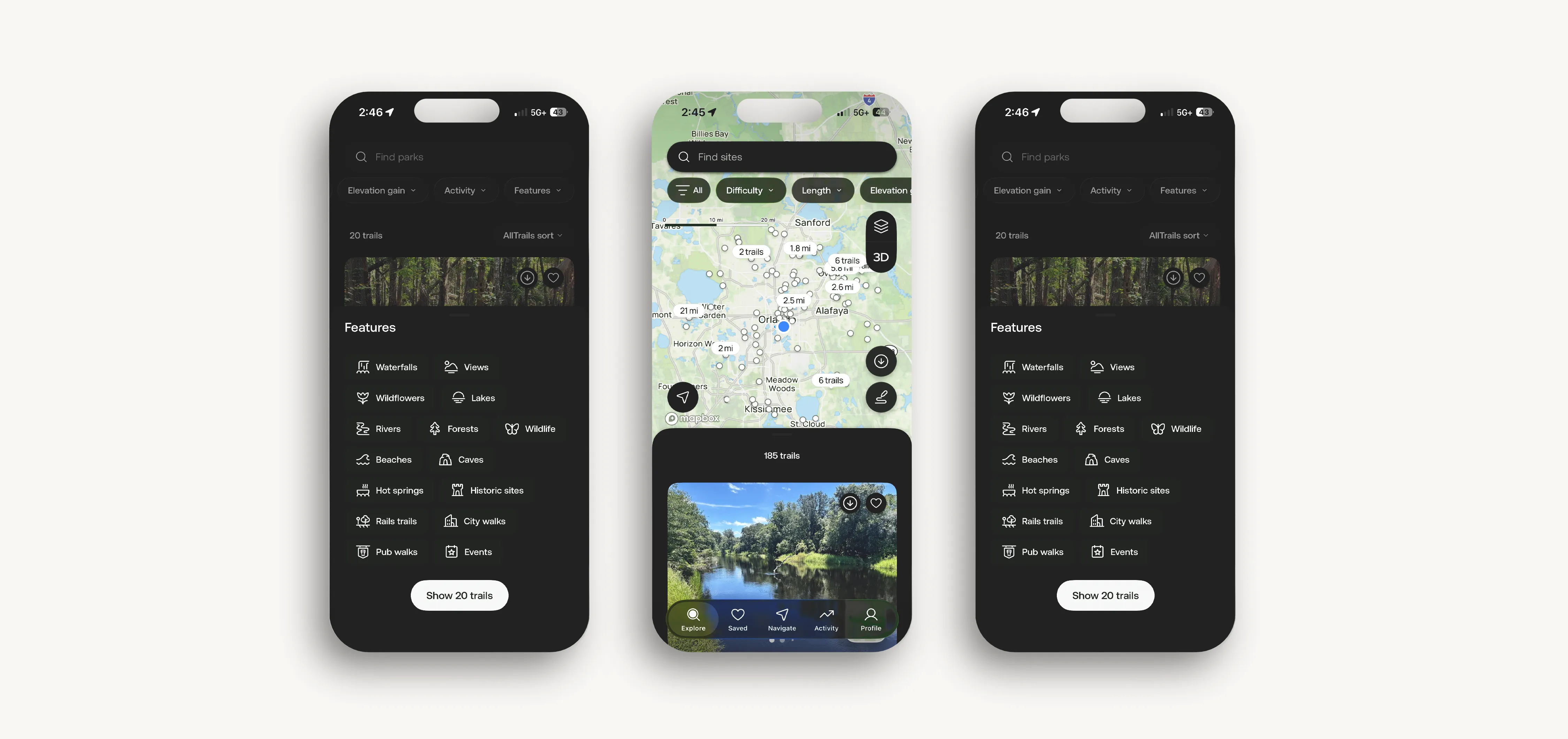 A set of 3 screenshots of the All Trails app