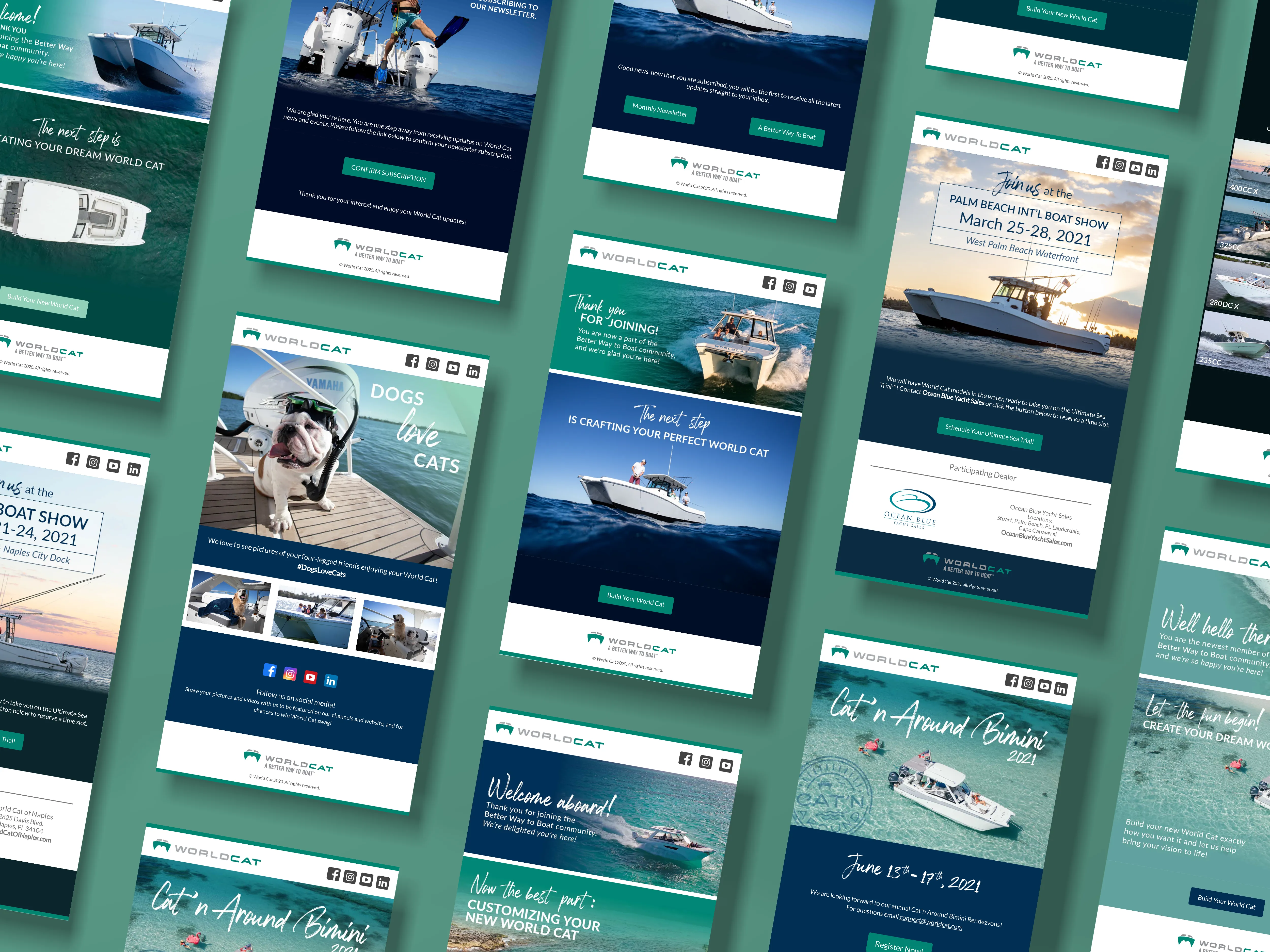 Collage of World Cat boat promotional e-blasts featuring boats, events, and a dog on a dock.