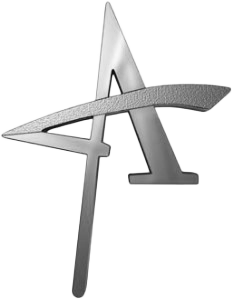Silver Addy logo. Metallic silver stylized letter A with a horizontal bar crossing its middle.