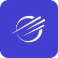 White stylized circular logo with dynamic lines on a blue background.