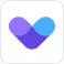 Abstract heart shape composed of overlapping blue and purple geometric forms.