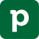 White lowercase letter P on a green square background.