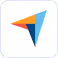 Arrowhead-shaped paper airplane icon with orange, blue, and teal colored sections.