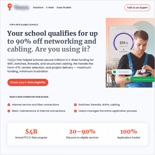 Website offering up to 90% off networking and cabling for schools with E-Rate funding support.