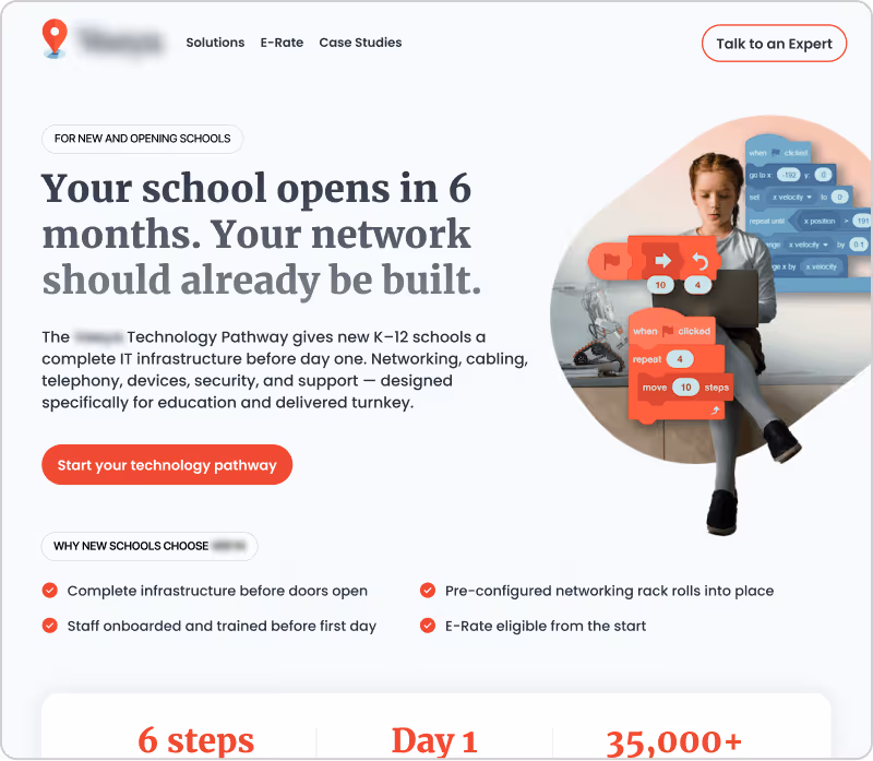 Website page showing a school IT service with a child using a laptop and coding blocks overlayed.